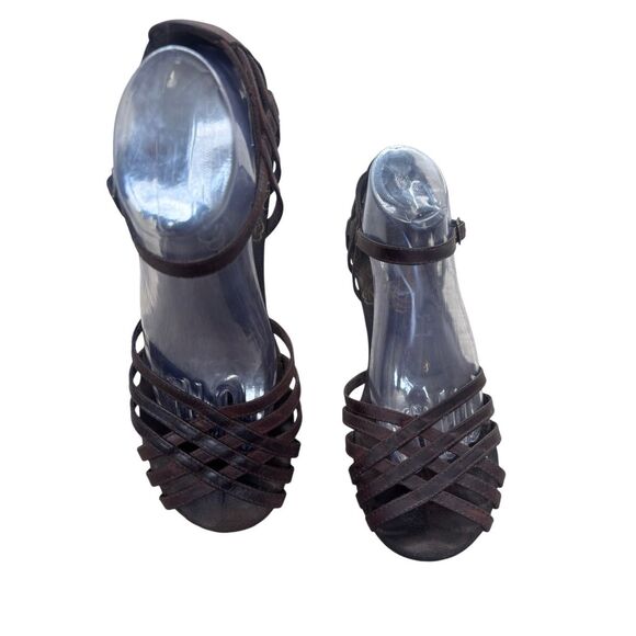 Skechers Brown Leather Strappy Wedge Sandals Ankle Strap Size 10 - Picture 3 of 10